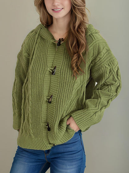 Cable-Knit Long Sleeve Hooded Cardigan-Angel Casuals