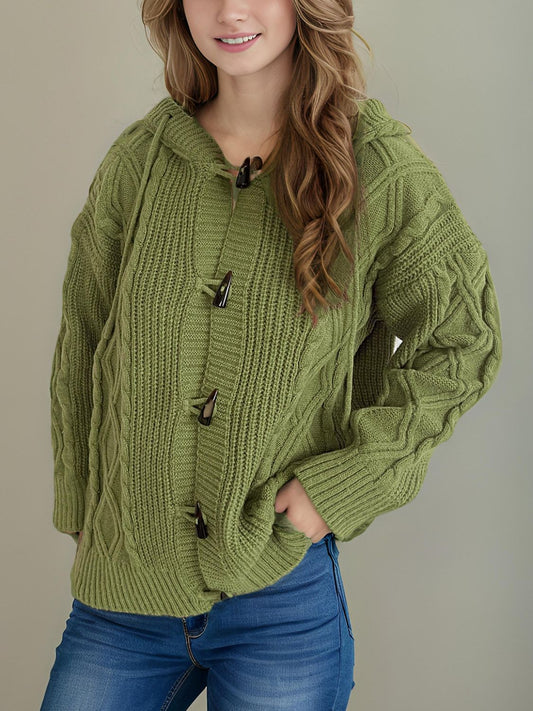 Cable-Knit Long Sleeve Hooded Cardigan-Angel Casuals