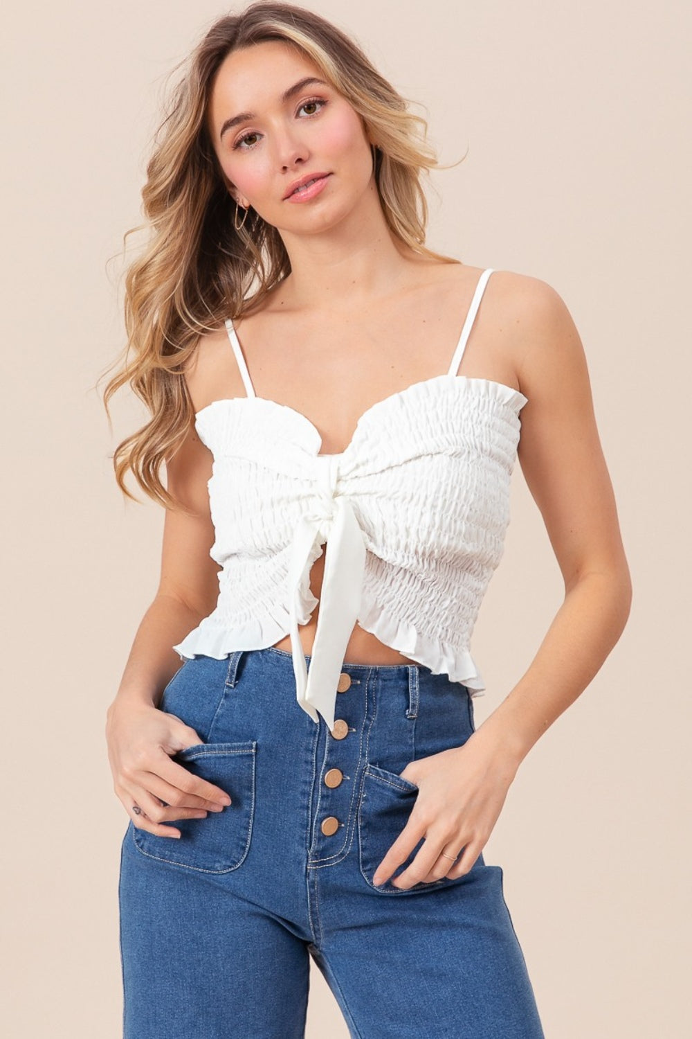 BiBi Ruffled Smocked Ribbon Detail Cami-Angel Casuals