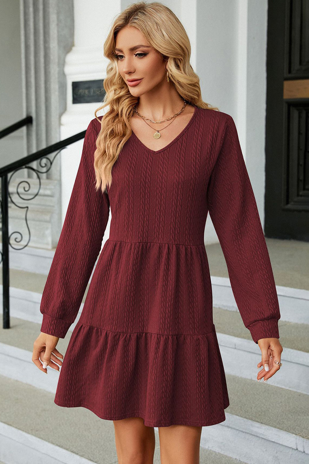 V-Neck Long Sleeve Mini Dress-Angel Casuals