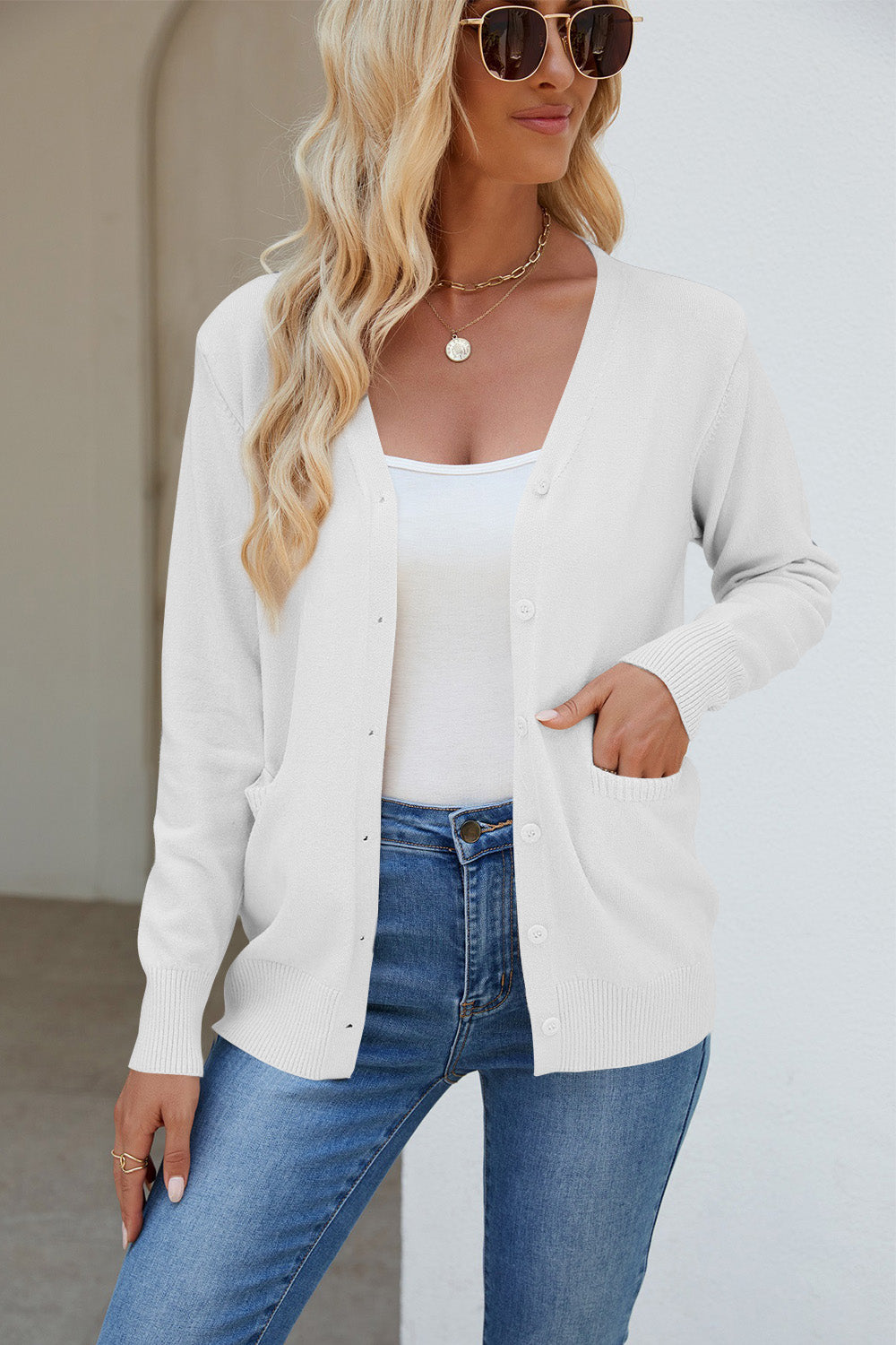 Pocketed V-Neck Button Up Long Sleeve Cardigan-Angel Casuals