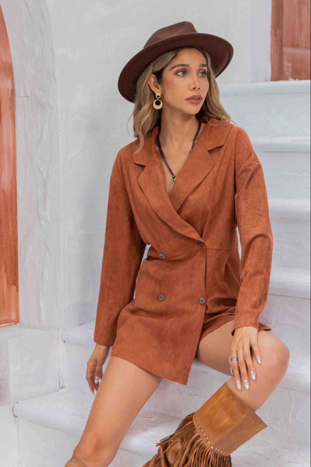 Lapel Collar Long Sleeve Romper-Angel Casuals