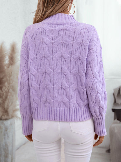 Cable Knit Mock Neck Long Sleeve Sweater-Angel Casuals