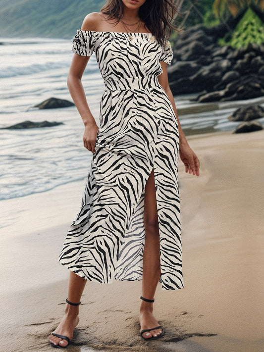 Slit Animal Print Off-Shoulder Midi Dress-Angel Casuals