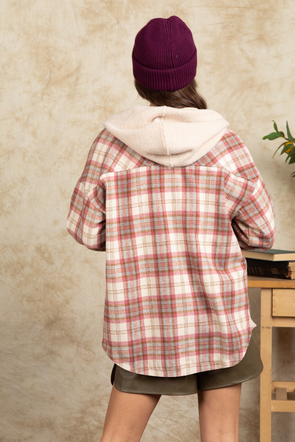 Drawstring Plaid Long Sleeve Hooded Jacket-Angel Casuals