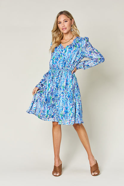 Double Take Full Size Printed Drawstring Waist Long Sleeve Dress-Angel Casuals