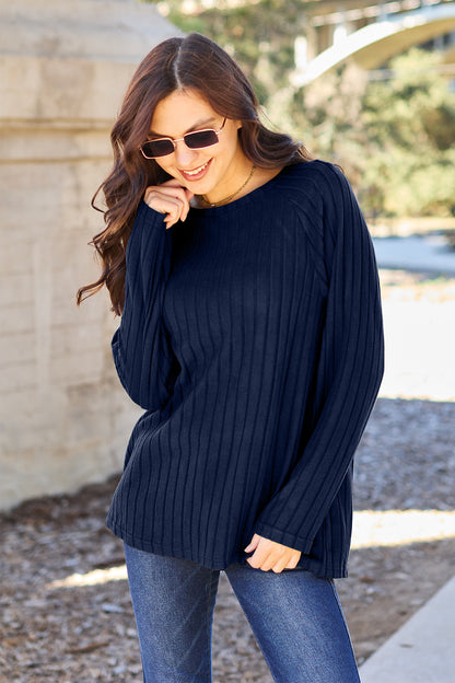 Basic Bae Full Size Ribbed Round Neck Long Sleeve Knit Top-Angel Casuals