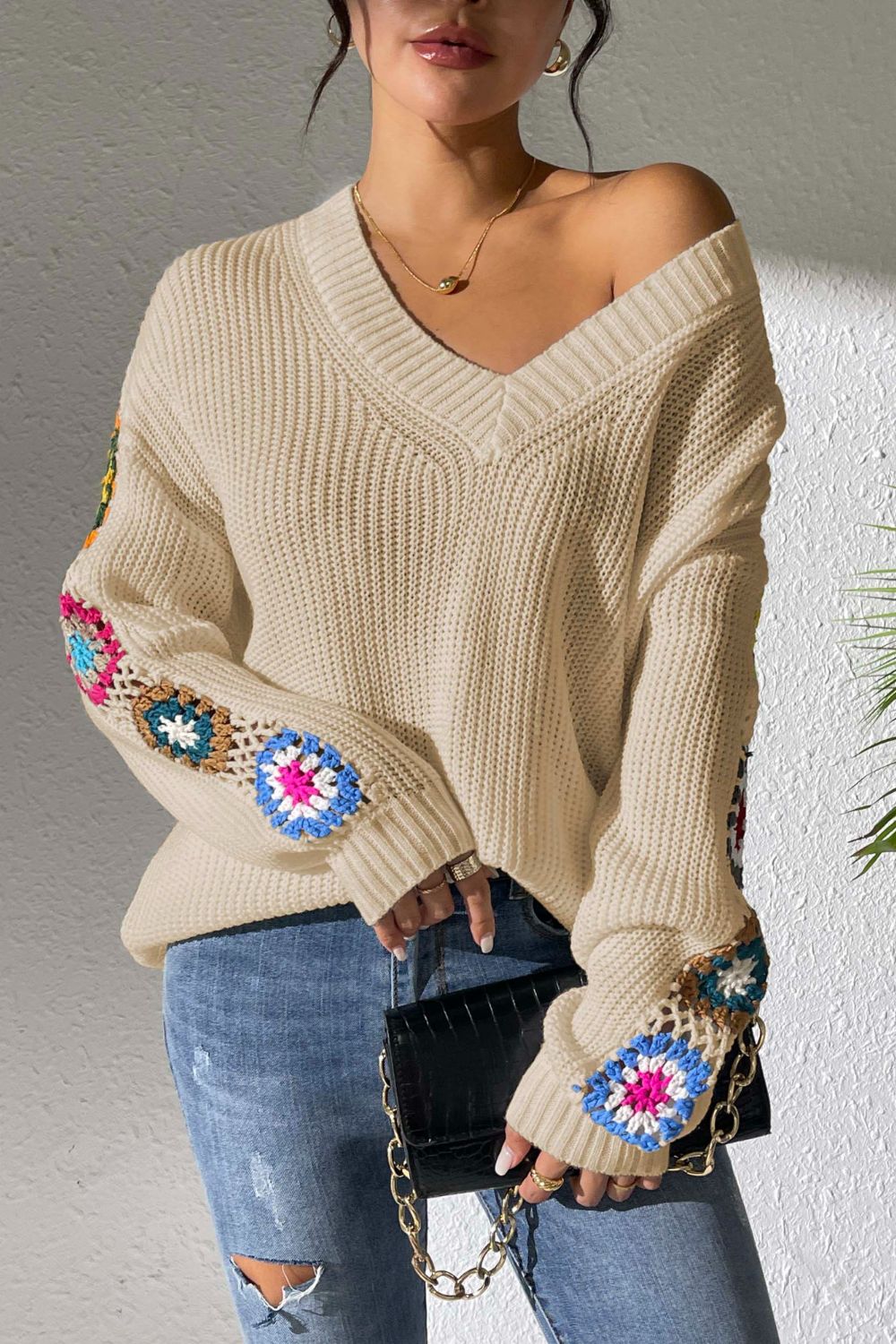 Crochet Flower V-Neck Sweater-Angel Casuals