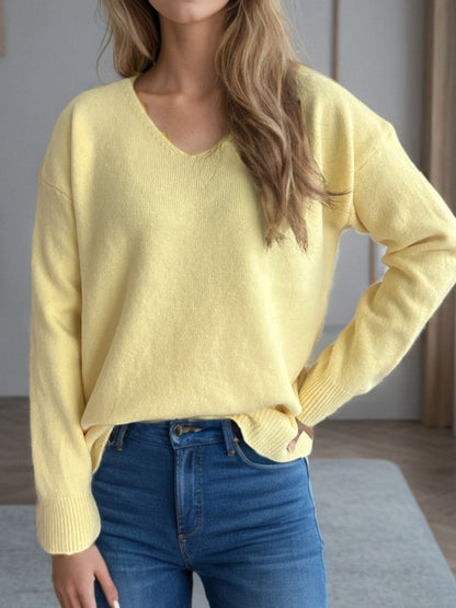 V-Neck Dropped Shoulder Long Sleeve Sweater-Angel Casuals