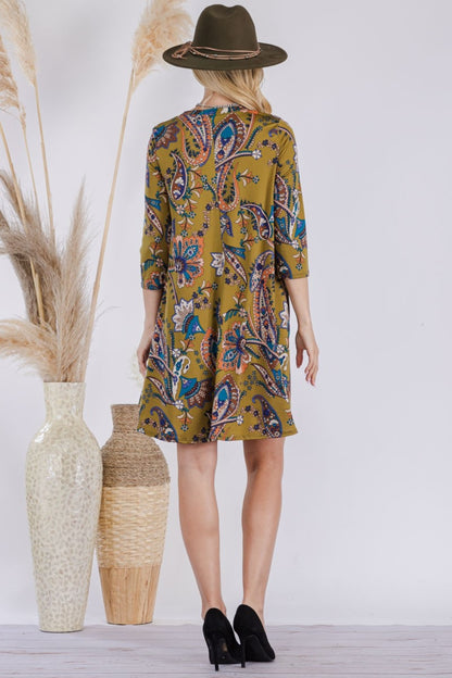 Celeste Full Size Paisley Print Round Neck Dress with Pockets-Angel Casuals