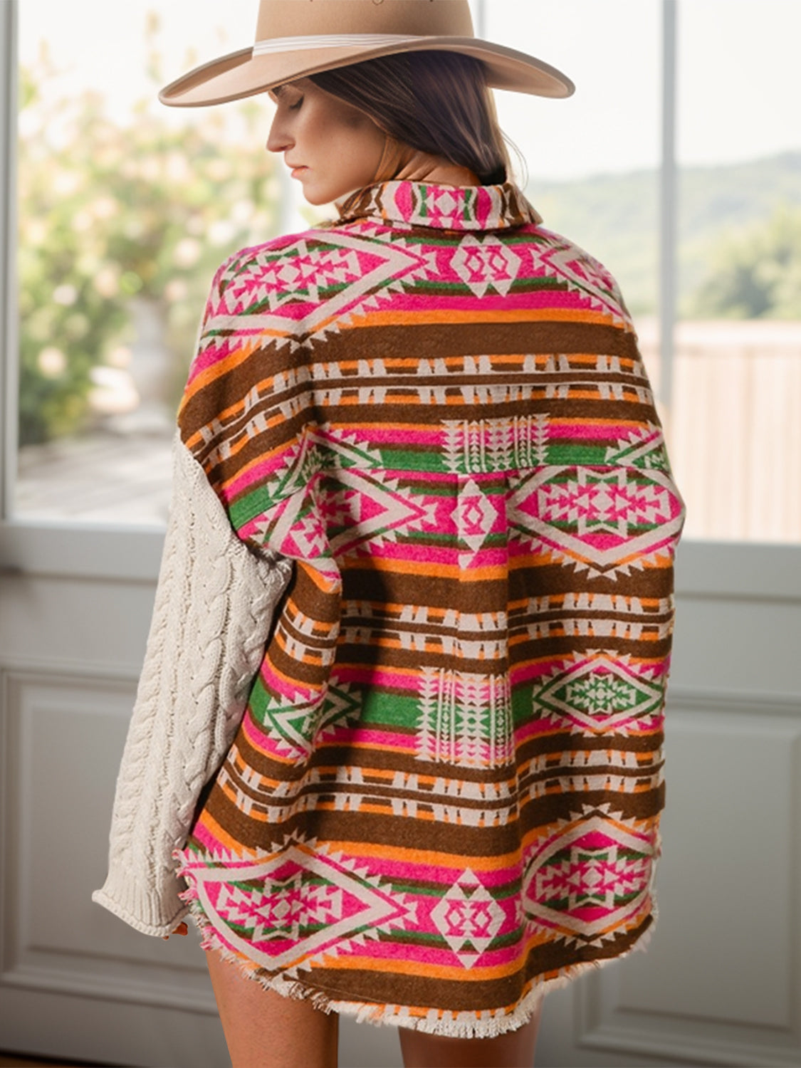 Geometric Collared Neck Long Sleeve Jacket-Angel Casuals