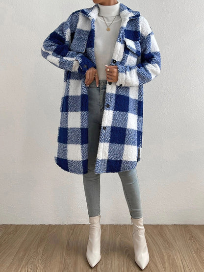 Plaid Collared Neck Button Down Coat-Angel Casuals