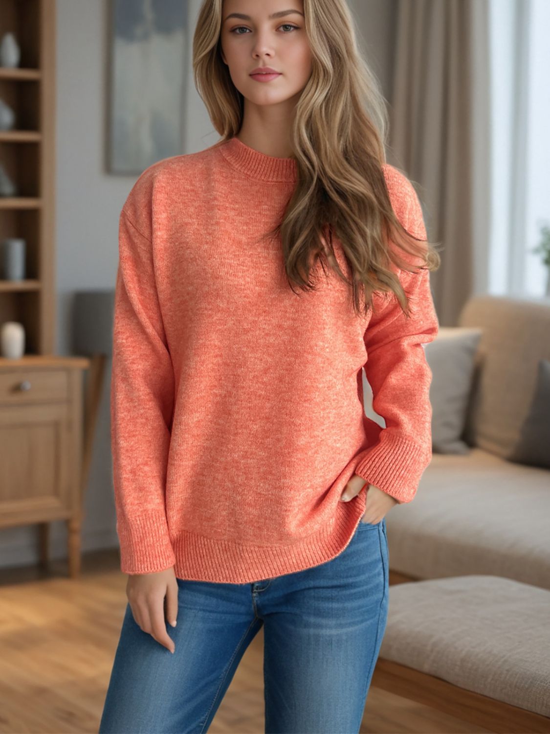 Round Neck Drop Shoulder Long Sleeve Sweater-Angel Casuals