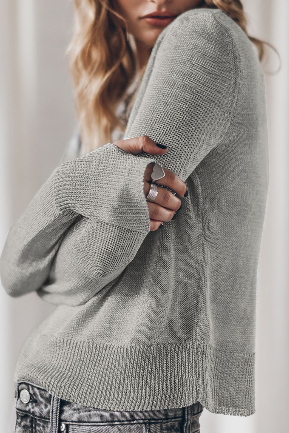 Ribbed Hem Round Neck Long Sleeve Sweater-Angel Casuals