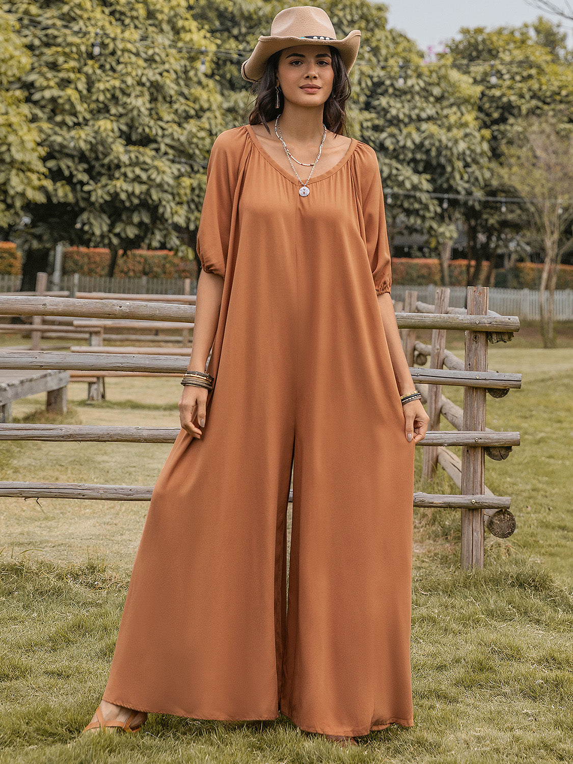 Scoop Neck Half Sleeve Wide Leg Jumpsuit-Angel Casuals