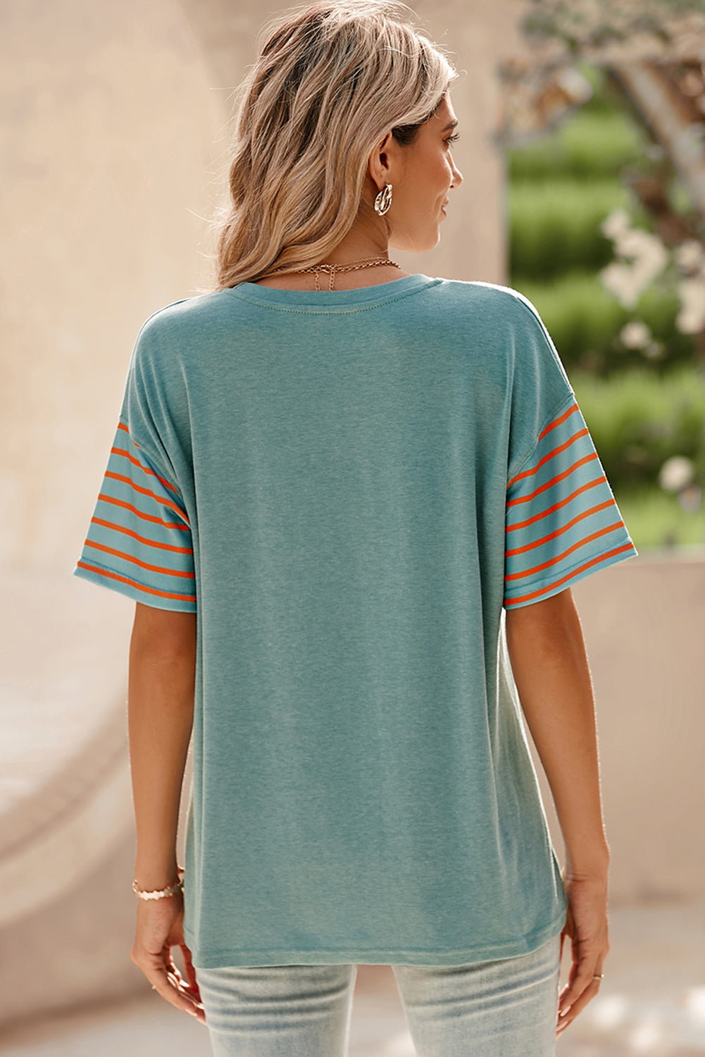 Striped Round Neck Short Sleeve T-Shirt-Angel Casuals