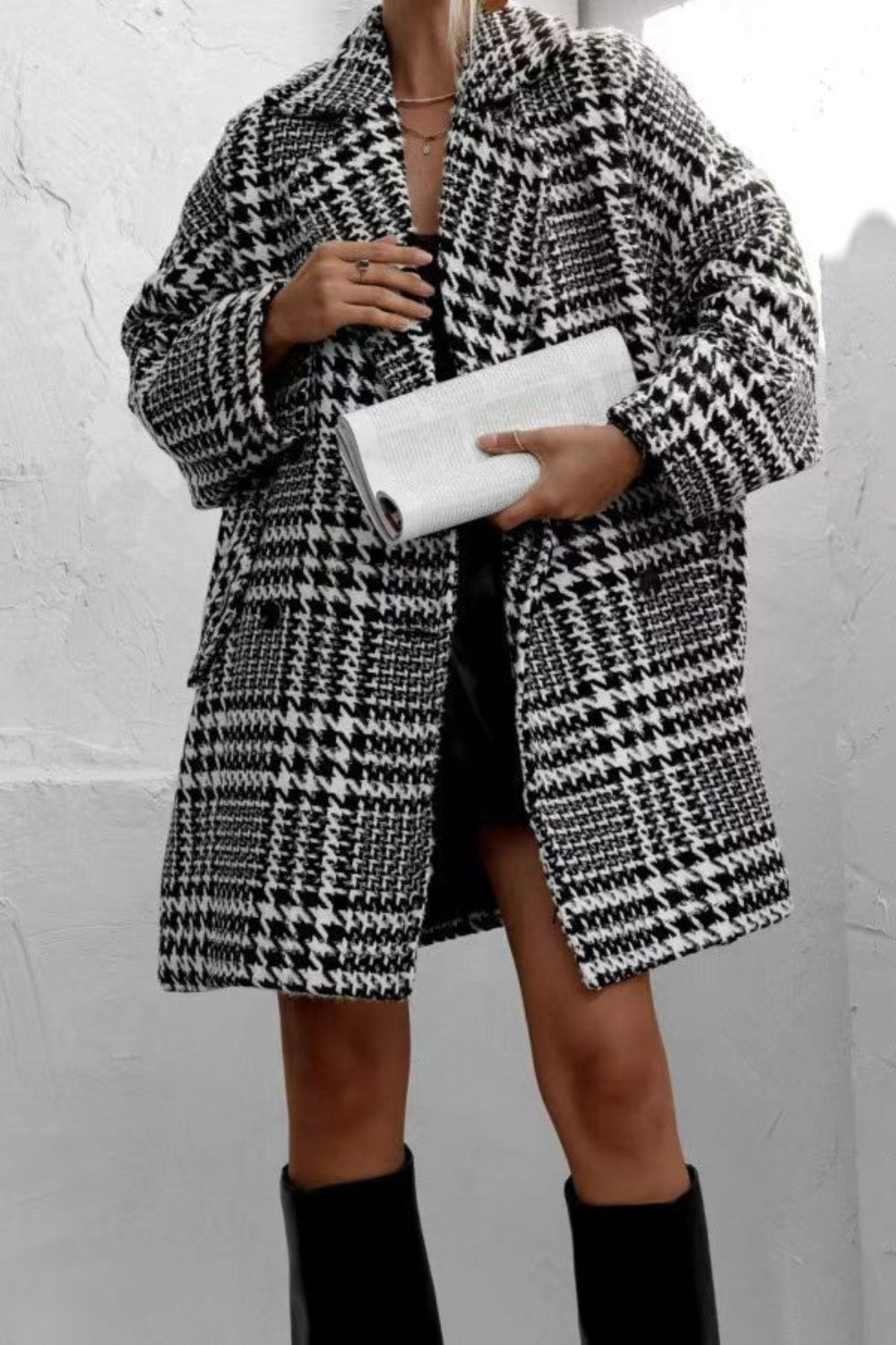 Houndstooth Collared Neck Long Sleeve Coat with Pockets-Angel Casuals
