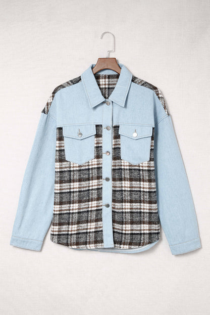 Plaid Pocketed Button Up Denim Jacket-Angel Casuals