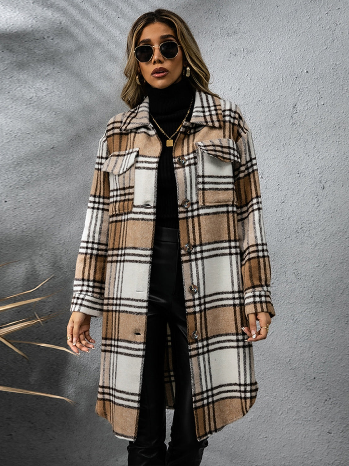 Plaid Collared Neck Long Sleeve Coat-Angel Casuals