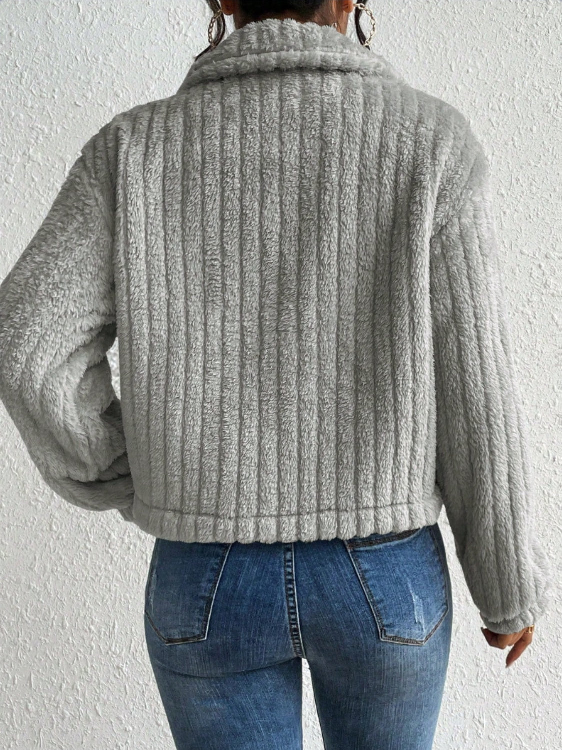Fuzzy Button Up Collared Neck Jacket-Angel Casuals