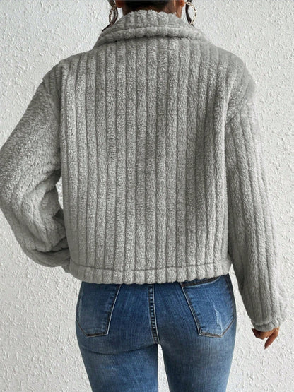 Fuzzy Button Up Collared Neck Jacket-Angel Casuals