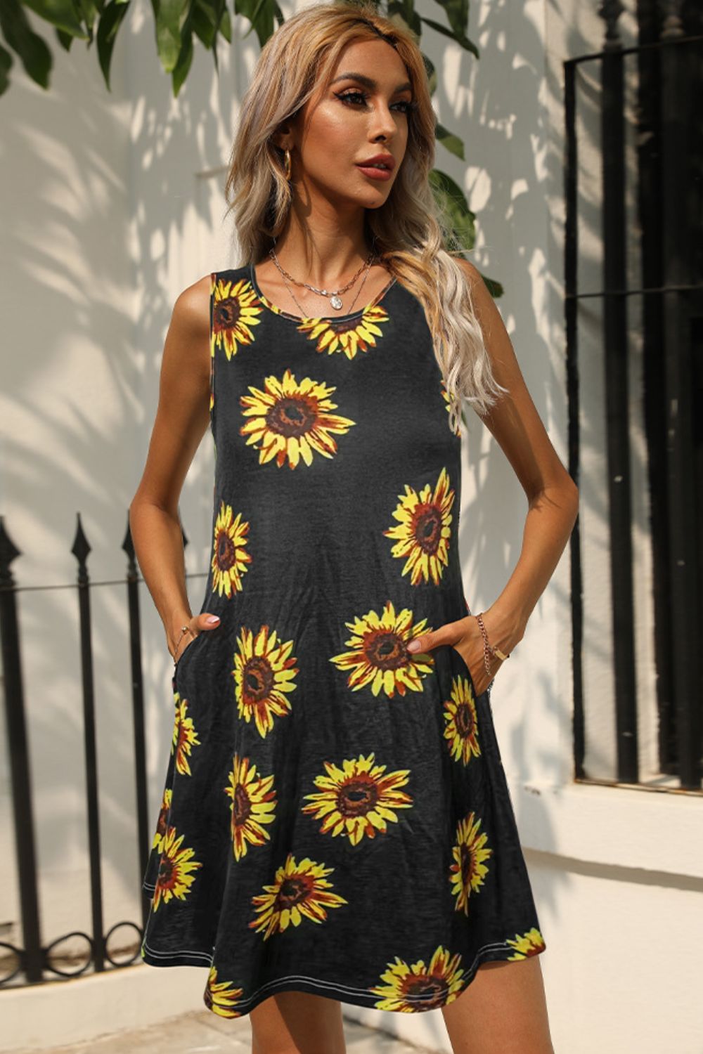 Printed Round Neck Sleeveless Dress with Pockets-Angel Casuals