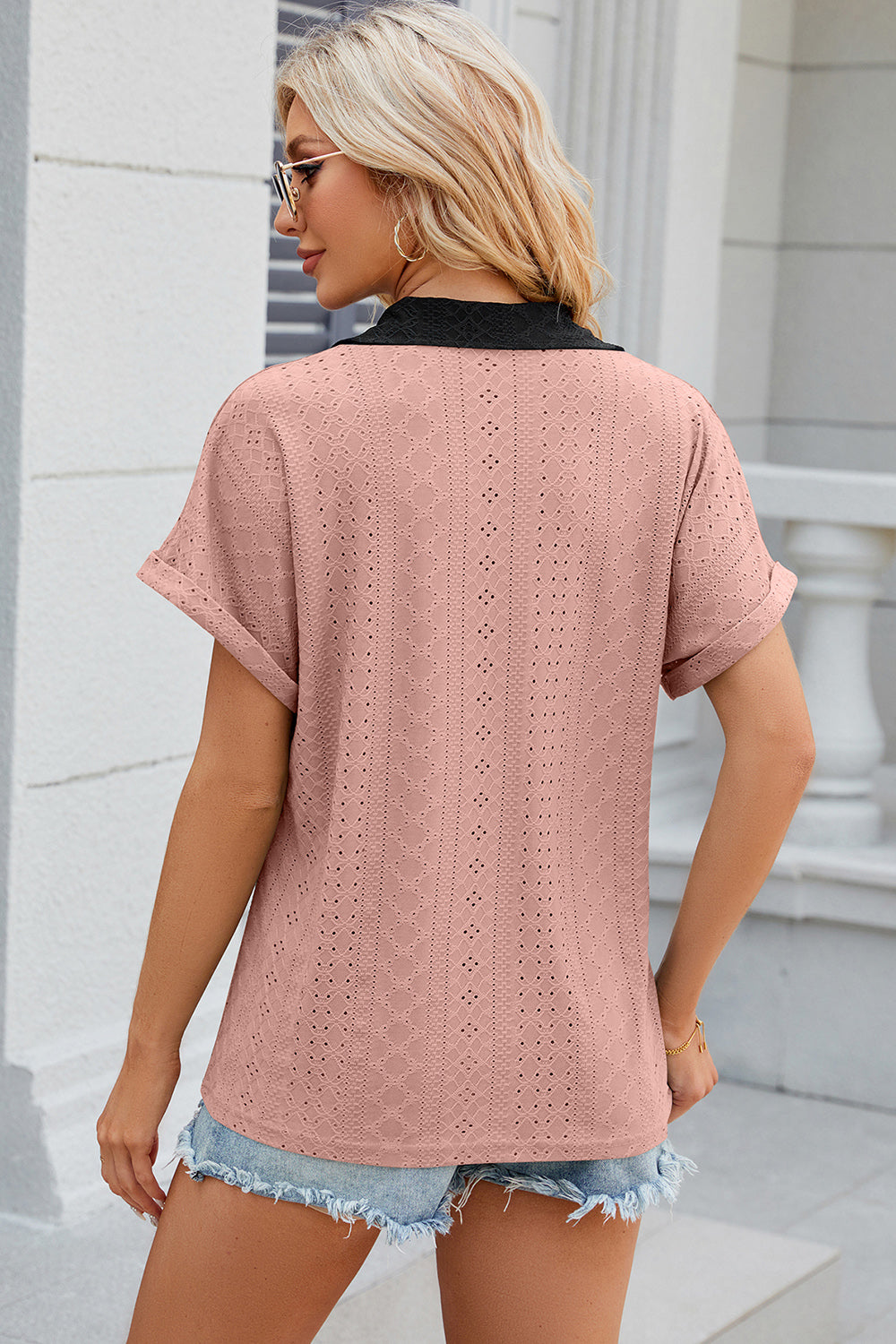 Eyelet Johnny Collar Short Sleeve T-Shirt-Angel Casuals