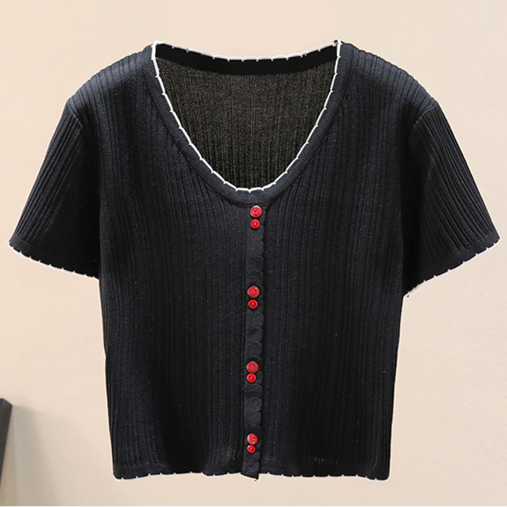 Contrast Decorative Button Short Sleeve Knit Top-Angel Casuals