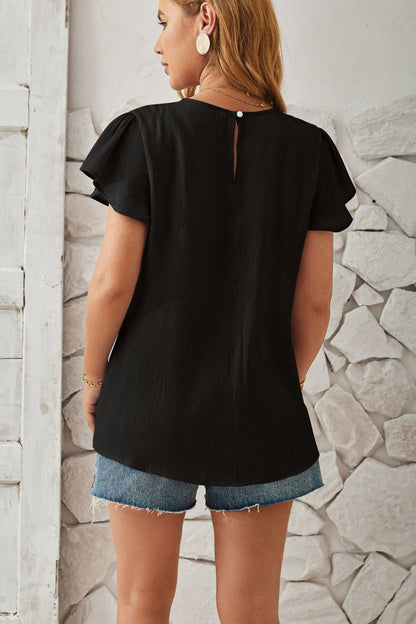 Round Neck Keyhole Cap Sleeve T-Shirt-Angel Casuals