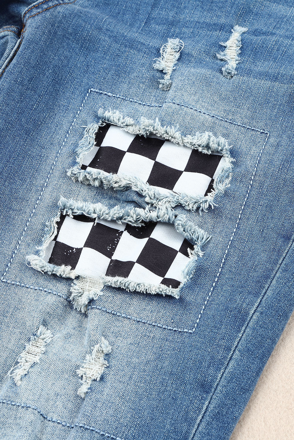 Baeful Checkered Patchwork Mid Waist Distressed Jeans-Angel Casuals