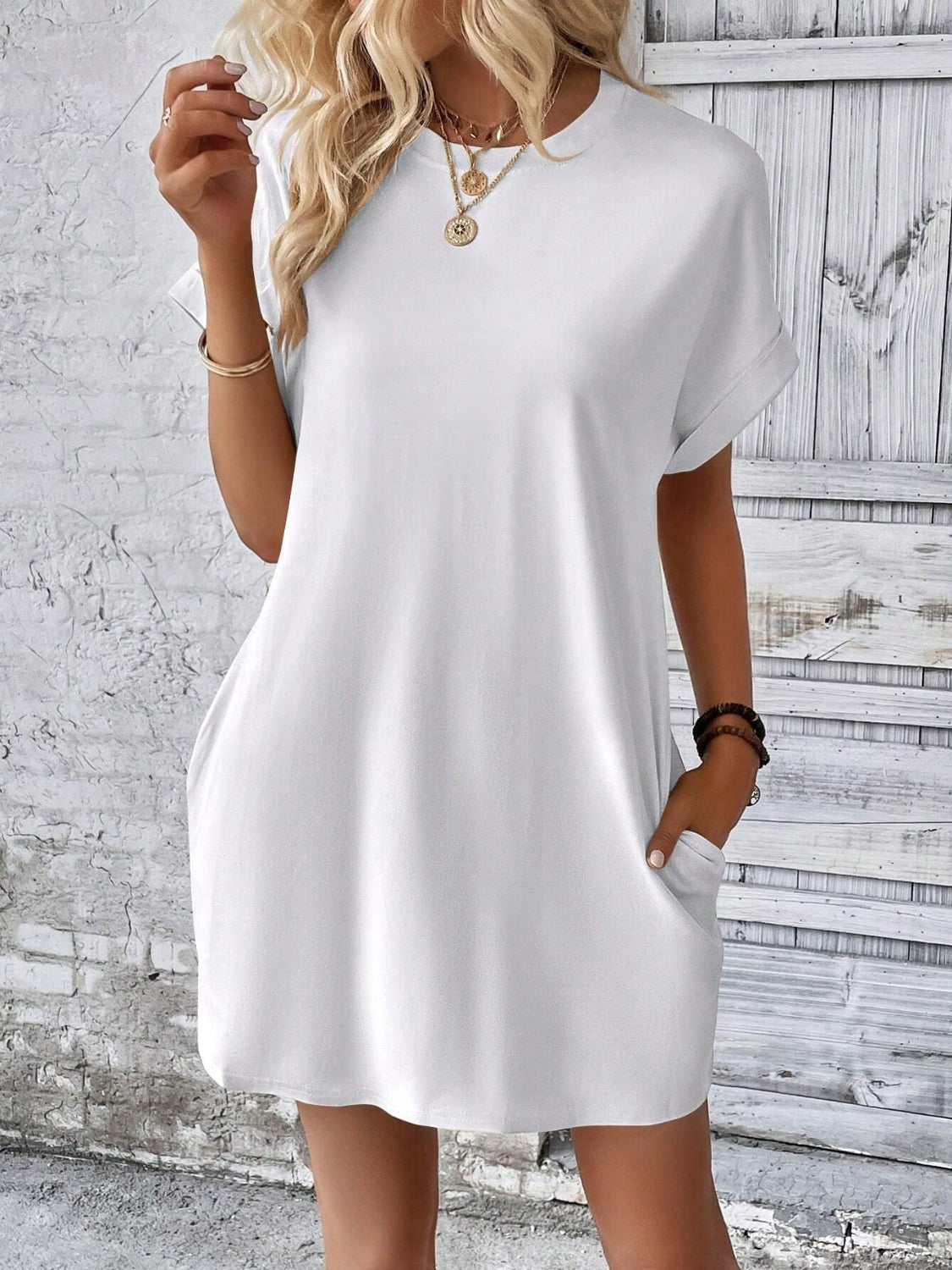 Round Neck Short Sleeve Mini Dress-Angel Casuals