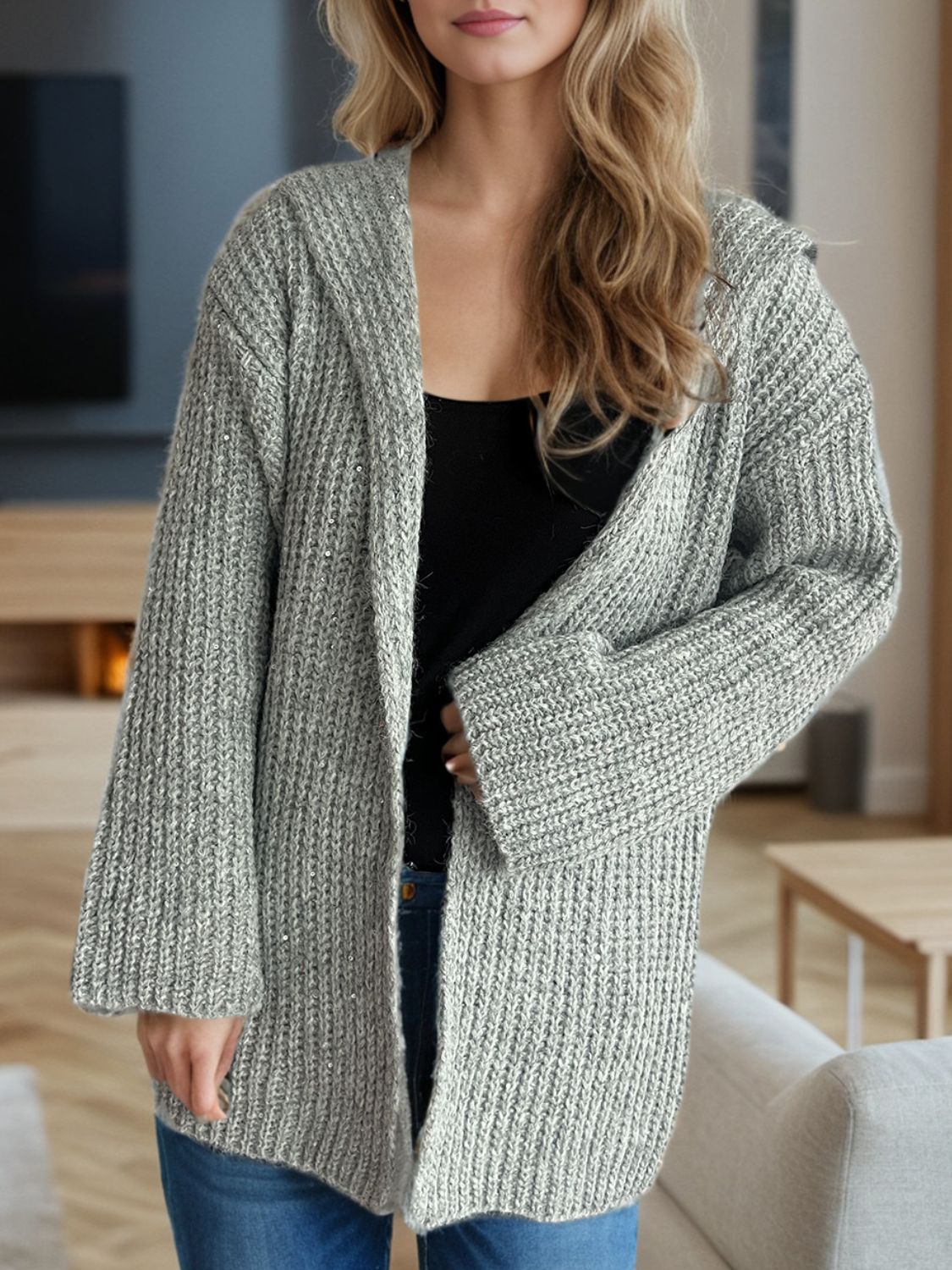 Sequin Detail Long Sleeve Hooded Cardigan-Angel Casuals