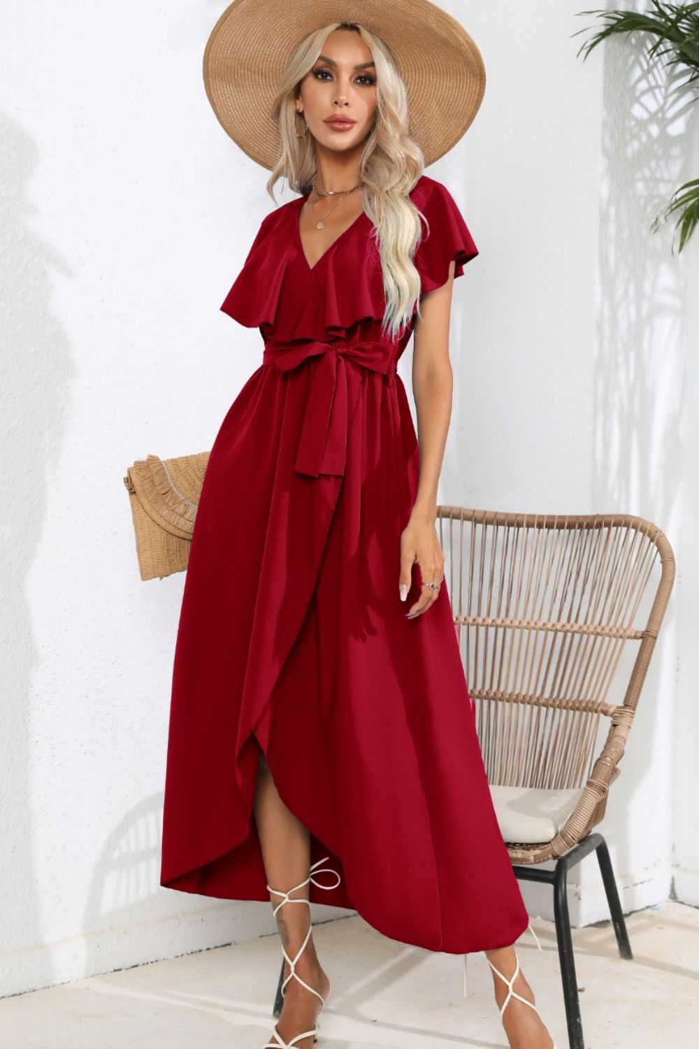 Ruffled Tied V-Neck Midi Dress-Angel Casuals