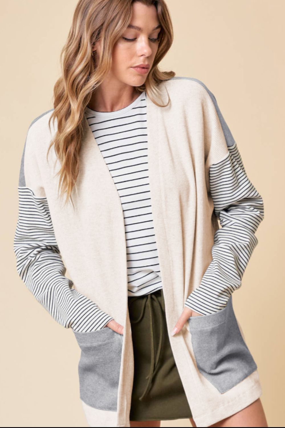 Open Front Long Sleeve Striped Cardigan with Pockets-Angel Casuals