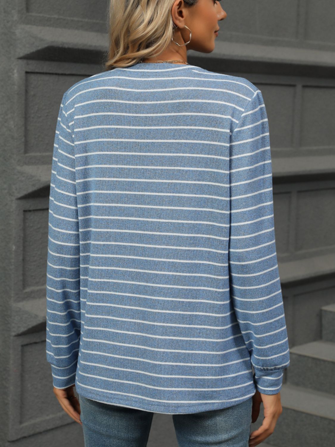 Striped Notched Long Sleeve T-Shirt-Angel Casuals