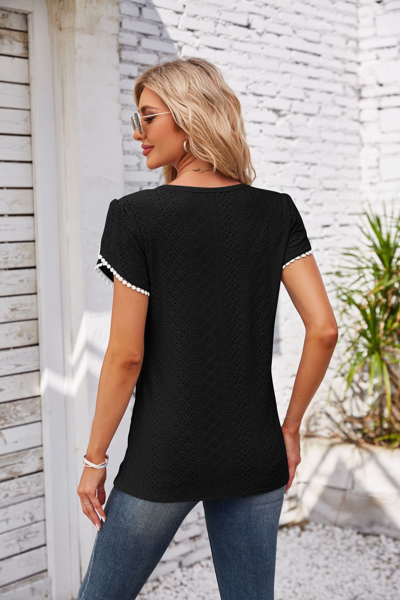 Eyelet Round Neck Petal Sleeve T-Shirt-Angel Casuals