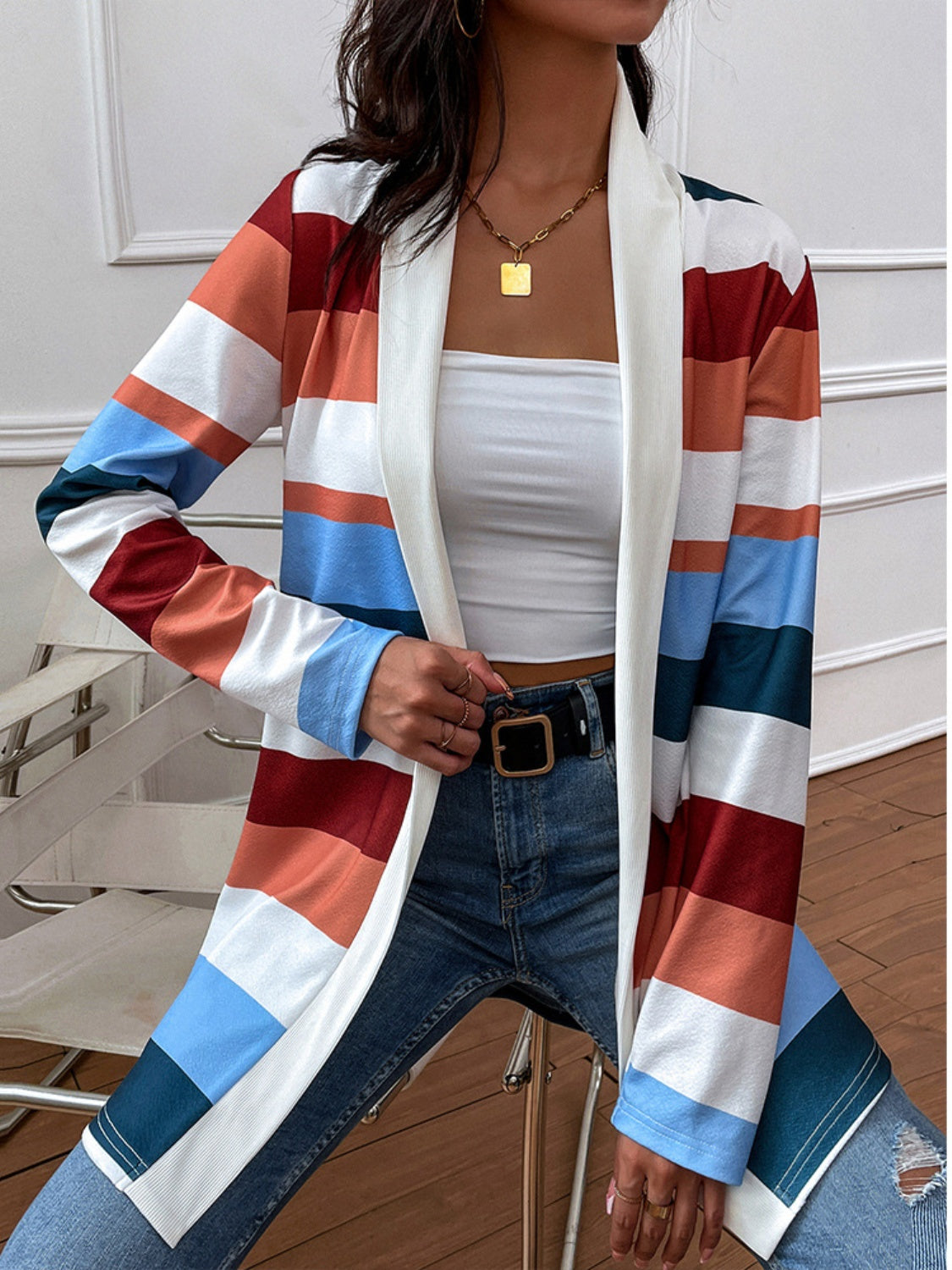Shiny Color Block Open Front Cardigan-Angel Casuals