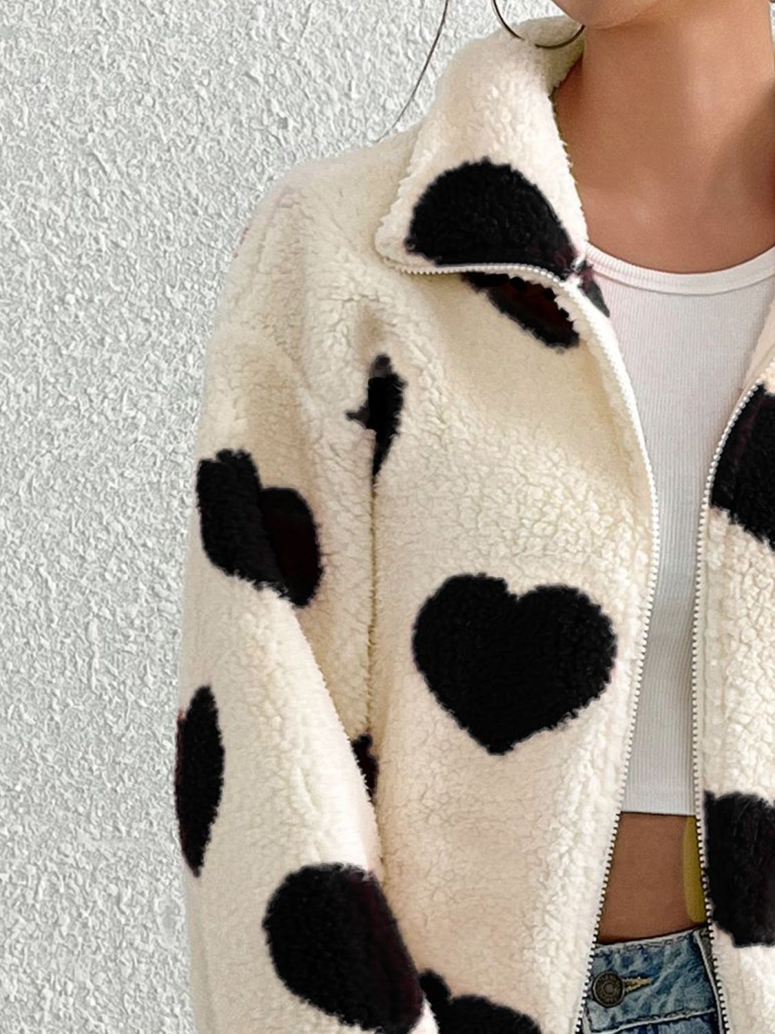 Heart Zip Up Drop Shoulder Furry Jacket-Angel Casuals