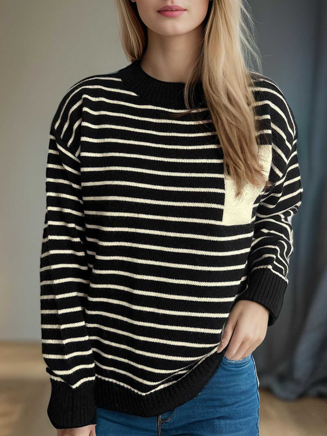 Striped Mock Neck Long Sleeve Sweater-Angel Casuals