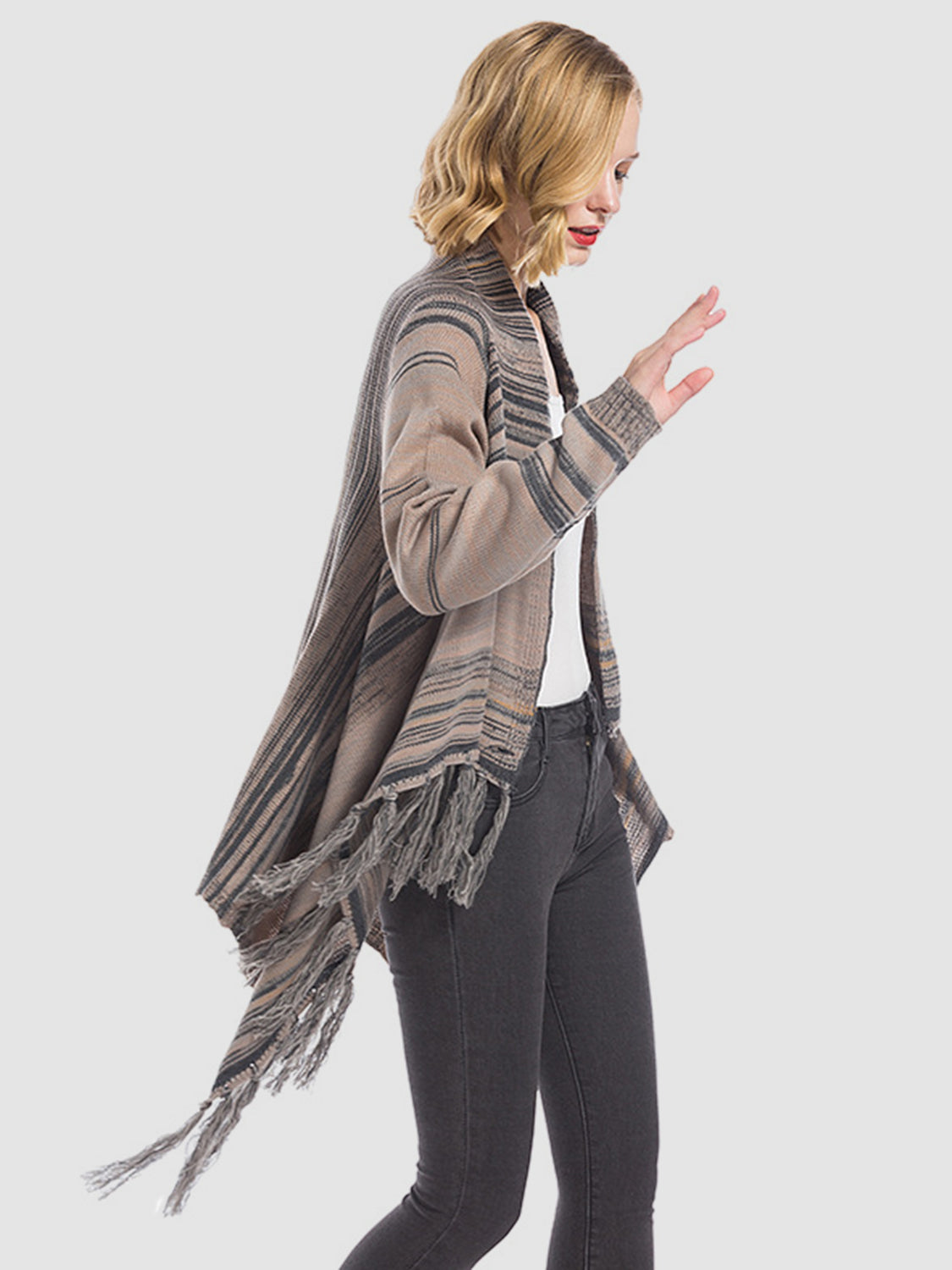 Angel Wings Tassel Striped Open Front Long Sleeve Cardigan-Angel Casuals