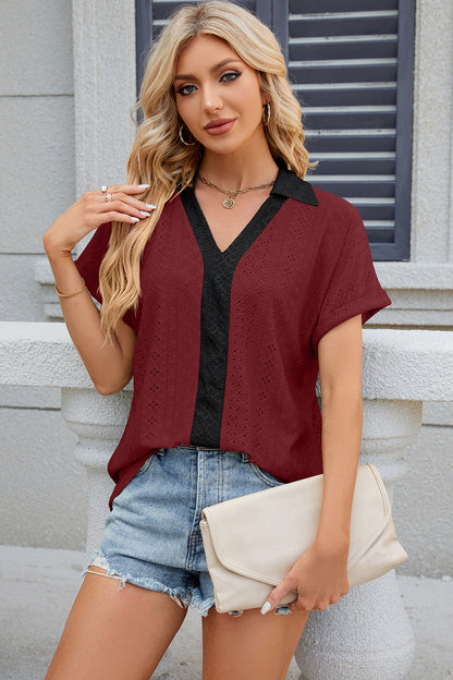Eyelet Johnny Collar Short Sleeve T-Shirt-Angel Casuals