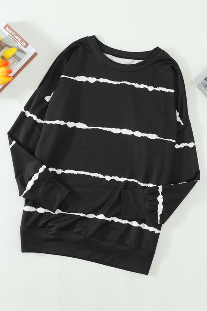 Slit Contrast Striped Round Neck Long Sleeve T-Shirt-Angel Casuals