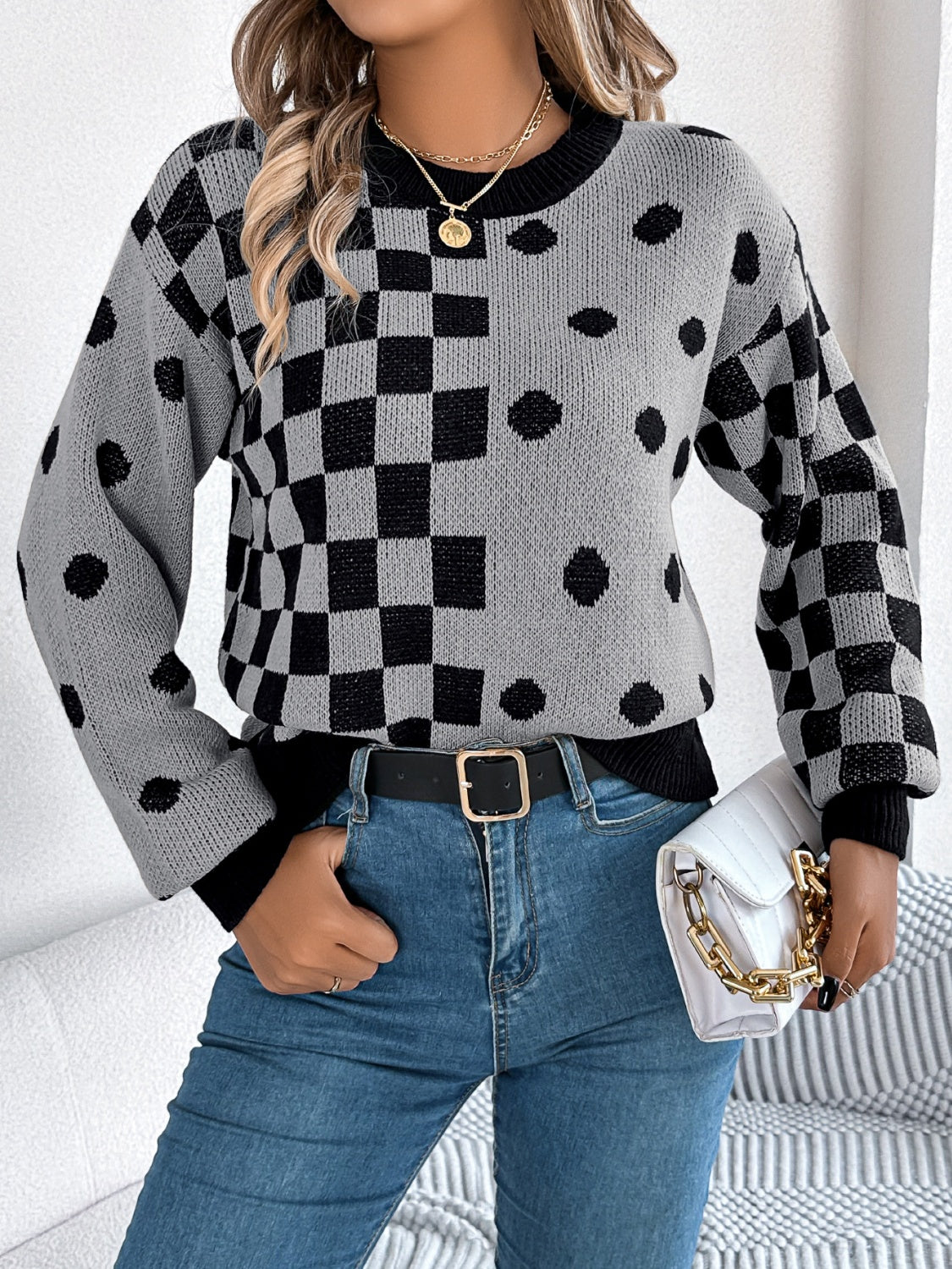 Plaid Round Neck Long Sleeve Sweater-Angel Casuals