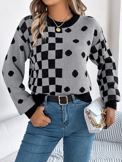 Plaid Round Neck Long Sleeve Sweater-Angel Casuals