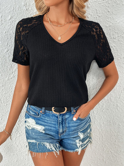 Lace Detail V-Neck Short Sleeve T-Shirt-Angel Casuals