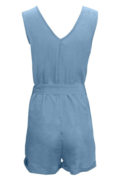 Full Size Tied V-Neck Sleeveless Romper with Pockets-Angel Casuals