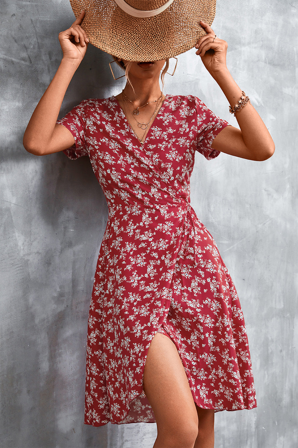 Floral Surplice Neck Flutter Sleeve Dress-Angel Casuals