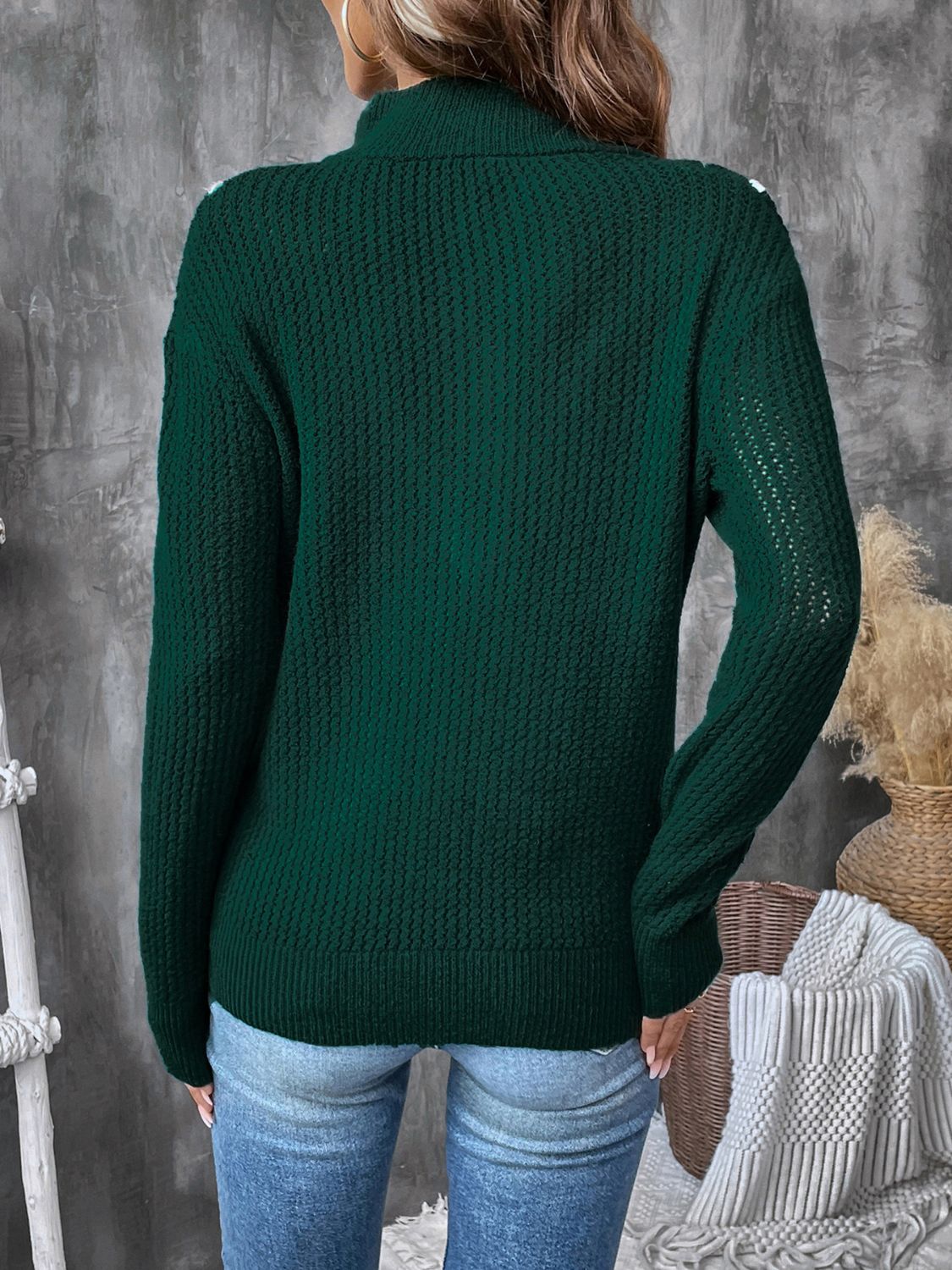 Perfee Contrast Half Zip Long Sleeve Sweater-Angel Casuals