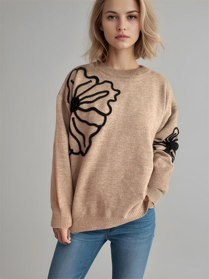 Flower Round Neck Long Sleeve Sweater-Angel Casuals