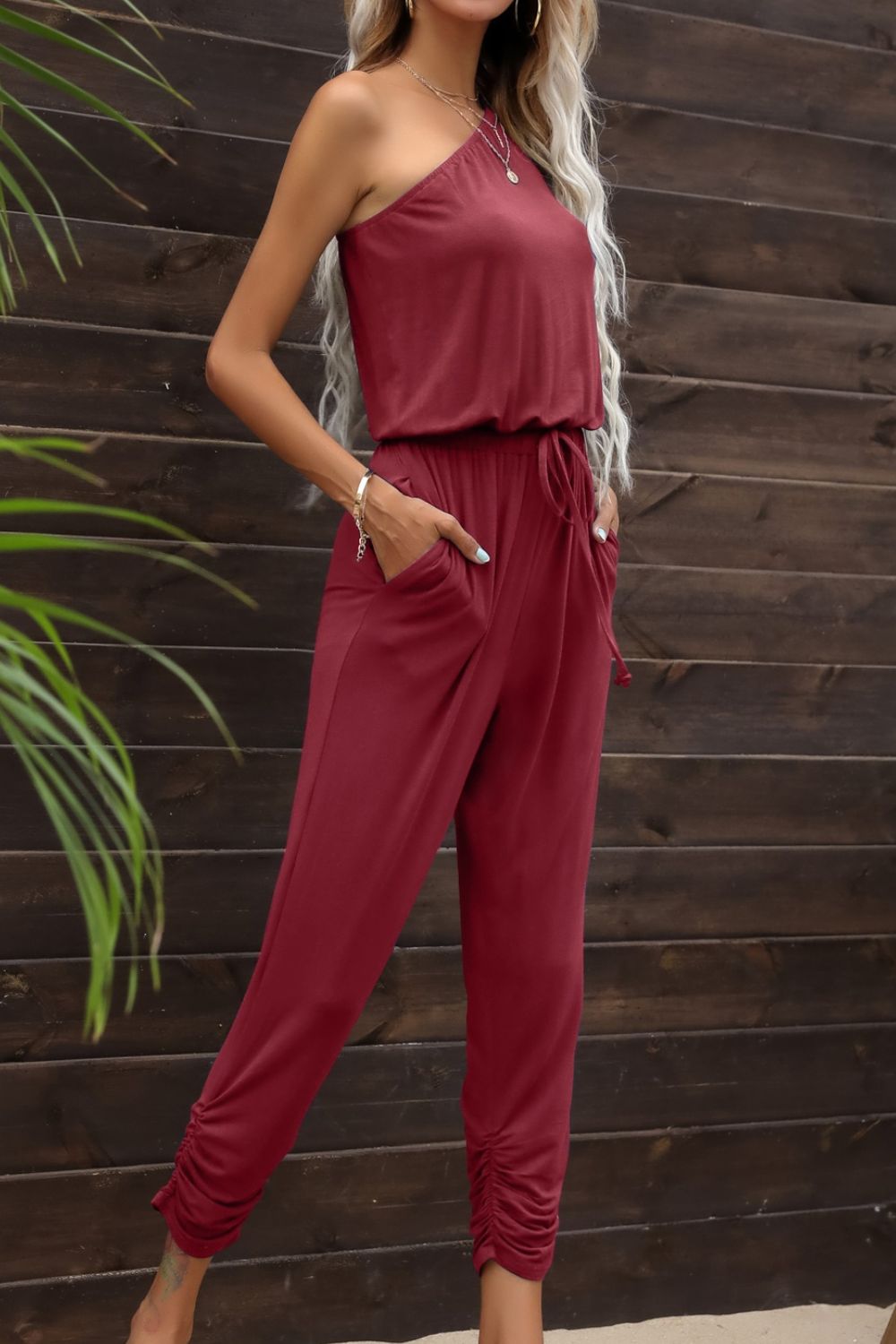 Drawstring Waist One-Shoulder Jumpsuit with Pockets-Angel Casuals